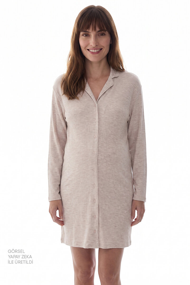Beige Melange Talia Gomlek Long Sleeve Nightgown - 2