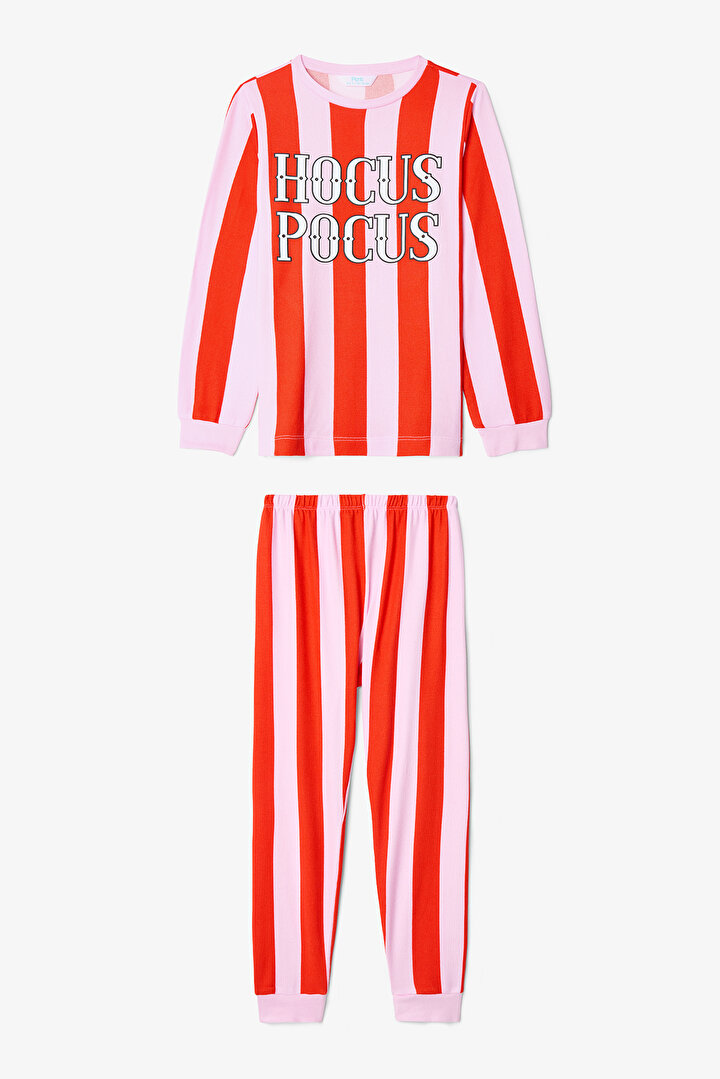 Pembe Kız Çocuk Hocus Pocus ÇizgiliUzun Kol Pijama Takımı - 1