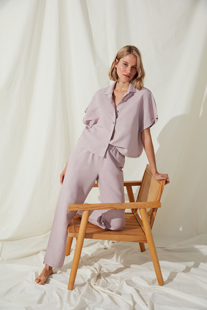 Brea Düz Keten Gömlek Pantolon Pijama Takımı - 2