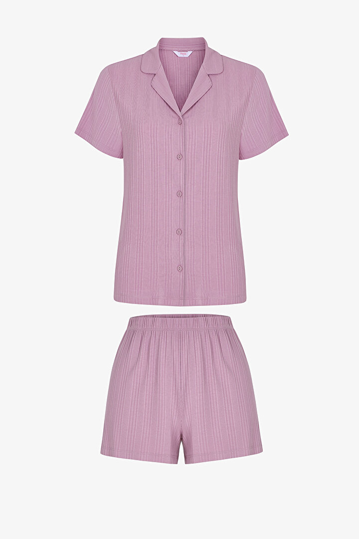 Pembe Violet Gömlek Şortlu Pijama Takımı - 1