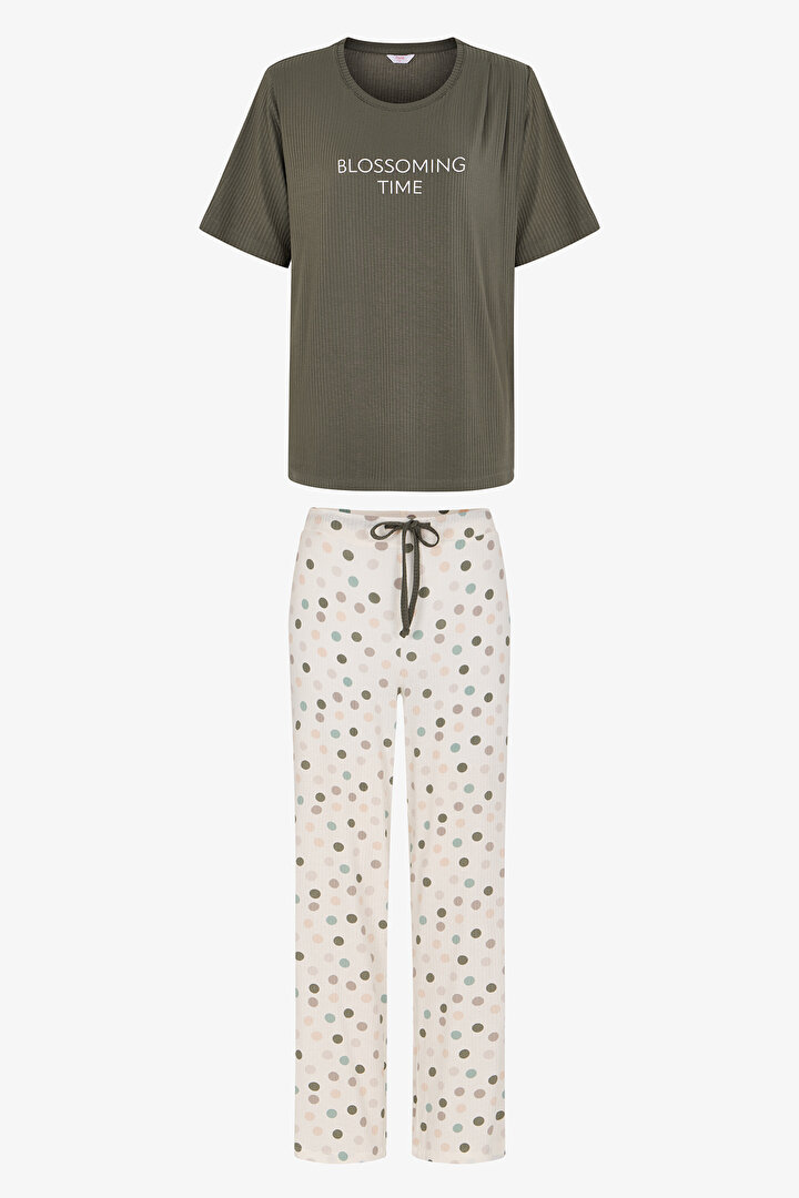 Haki Mama Blossoming Time Puantiye Desenli Pantolon Kısa Kollu Pijama Takımı - 1