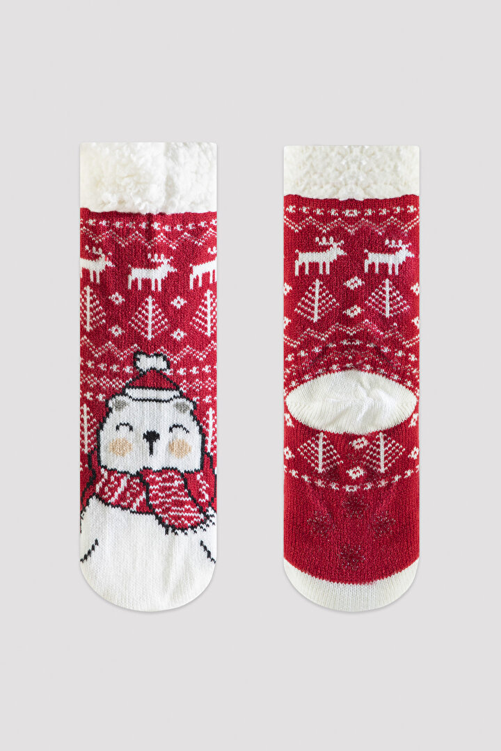 Kırmızı Unisex Çocuk Ayıcık Desenli Soket Çorap - 1
