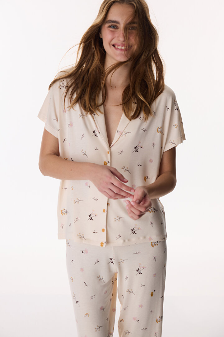 Beige Margot Printed Shirt & Capri Pajama Set - 2