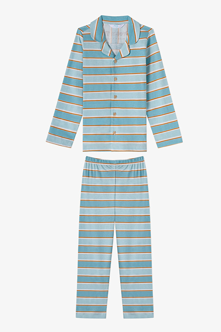 Mavi Erkek Çocuk Blue Stripe Uzun Kollu Düğmeli Pamuklu Gömlek Pijama Takımı - 1
