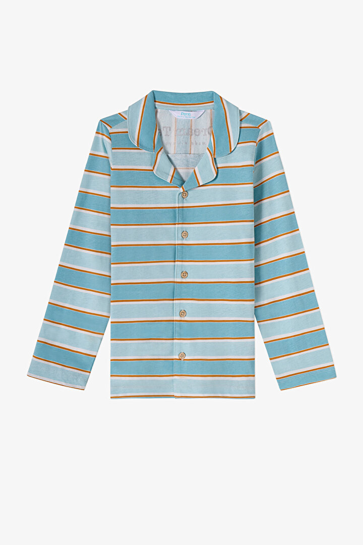 Mavi Erkek Çocuk Blue Stripe Uzun Kollu Düğmeli Pamuklu Gömlek Pijama Takımı - 2