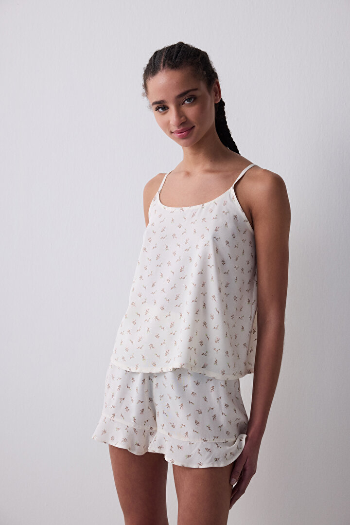 Floral Şortlu Ekru Pijama Takımı - 1