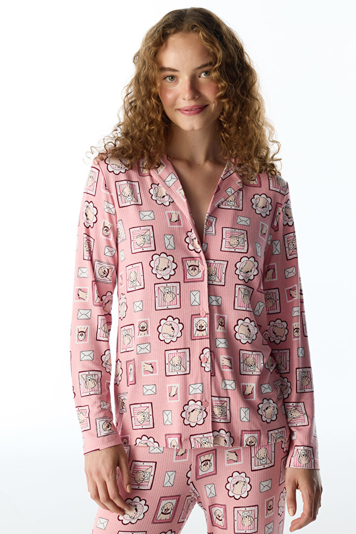 Pembe Postcard Fitilli Uzun Kollu Gömlek Pantolon Pijama Takımı - 2