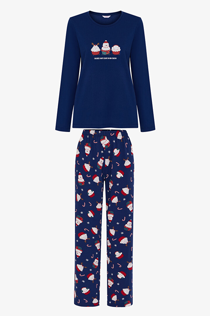 Lacivert Joyful Cupcakes Noel Desenli Uzun Kollu Pantolon Pijama Takımı - 1