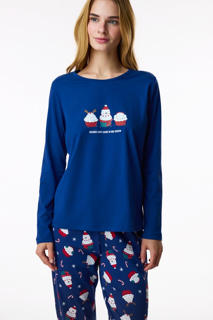 Navy Joyful Cupcakes Christmas Print Long Sleeve Pyjama Set with Trousers - 2