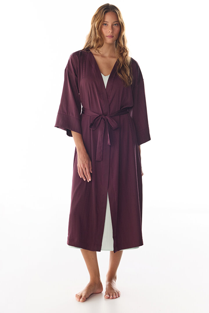 Bordo Aurora Saten Çiçekli 3/4 Kollu Sabahlık - 1