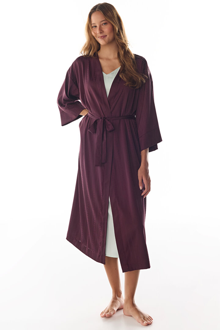 Bordo Aurora Saten Çiçekli 3/4 Kollu Sabahlık - 2