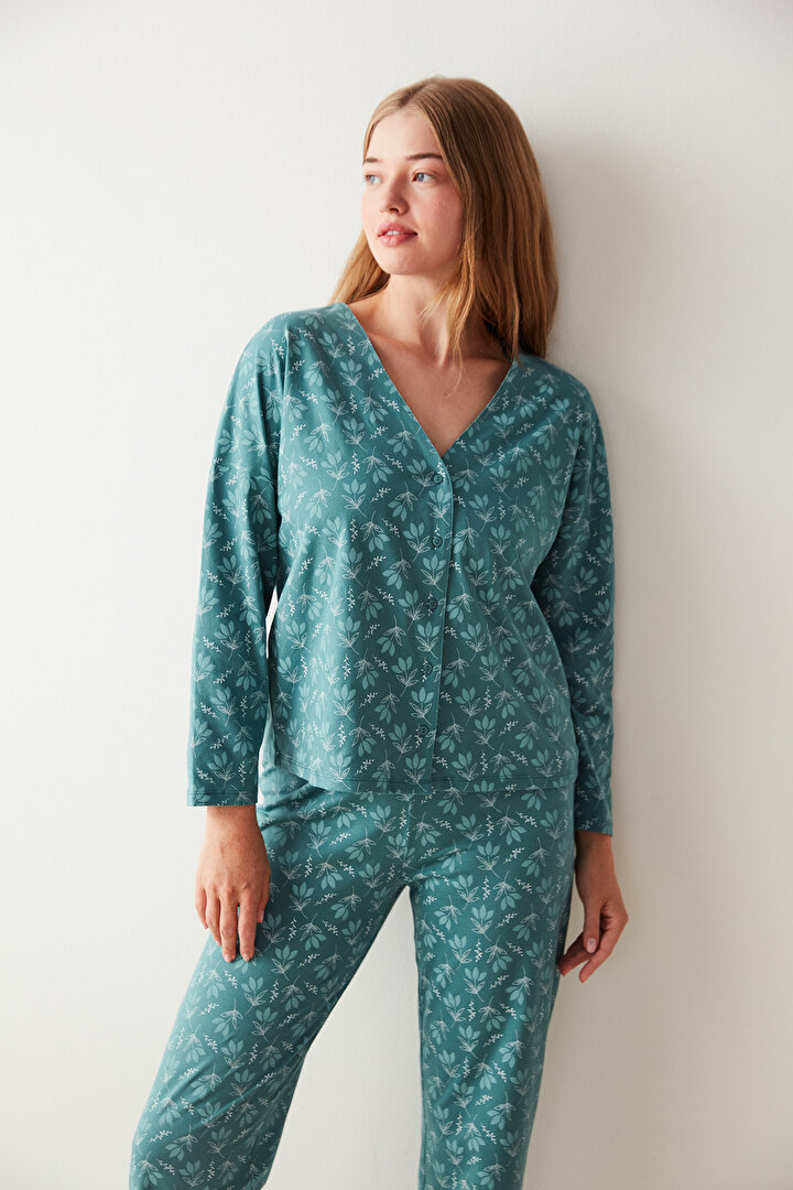 Yeşil Çiçek Desenli Tişört Pantolon Pijama Takımı - 1