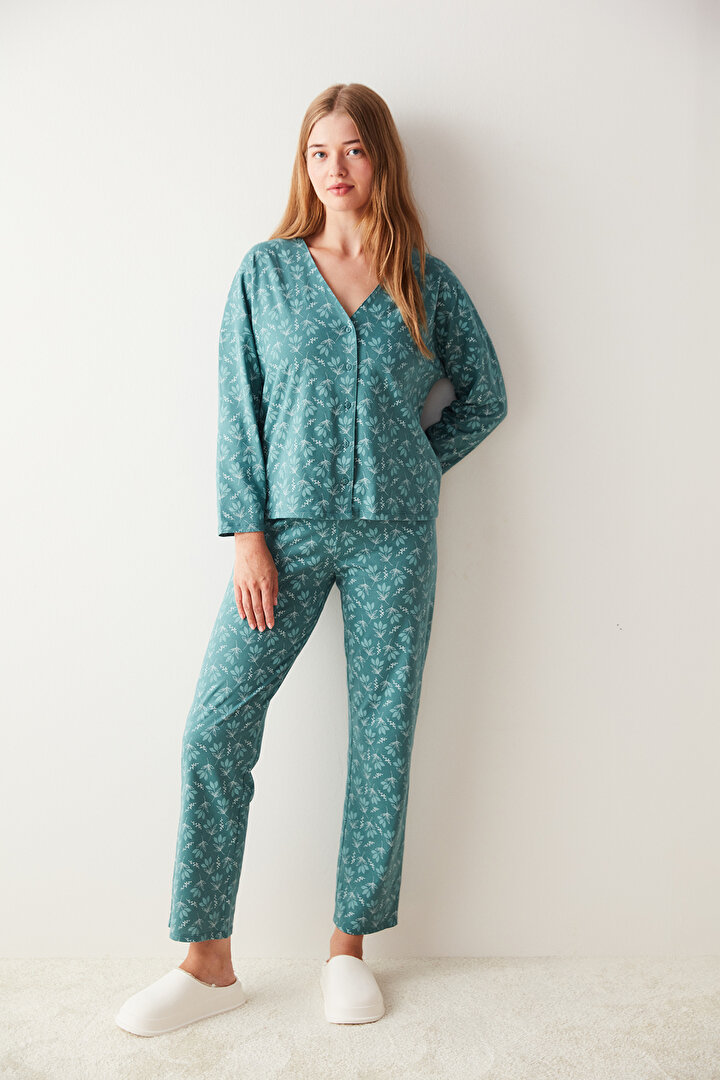 Yeşil Çiçek Desenli Tişört Pantolon Pijama Takımı - 2