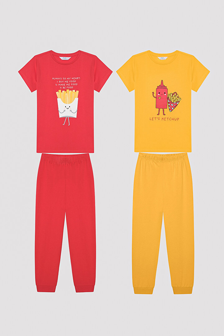 Uniseks Çocuk Ketcup&Fries Çok Renkli  2li Pijama Takımı - 1