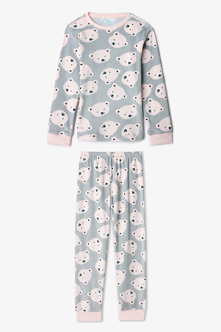 Gri Kız Çocuk Ayı Desenli Pijama Takımı - 1