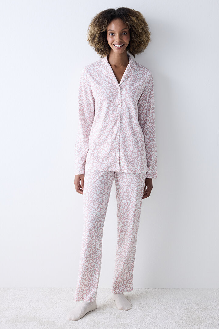 Dreamy Gül Kurusu Pembe Düğmeli Gömlek Pantolon Pijama Takımı - 1