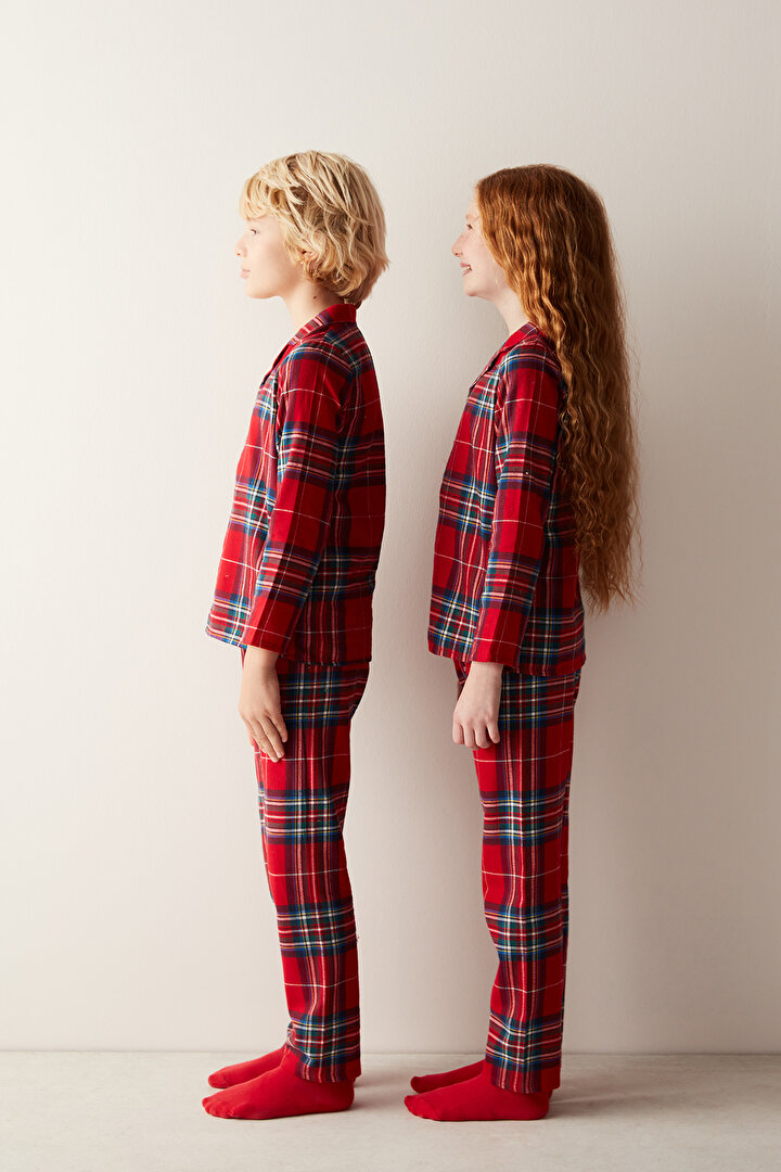Unisex Çocuk Kareli Kırmızı Gömlek Pantolon Pijama Takımı - 2