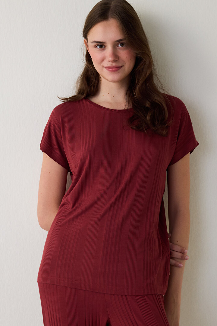Bordo Freya Bisiklet Yaka Kısa Kol Pijama Takımı - 1