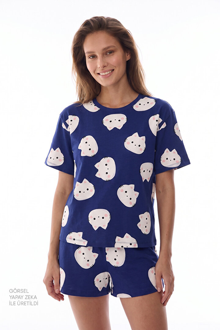Lacivert Happy Cats Şort Pijama Takımı - 1