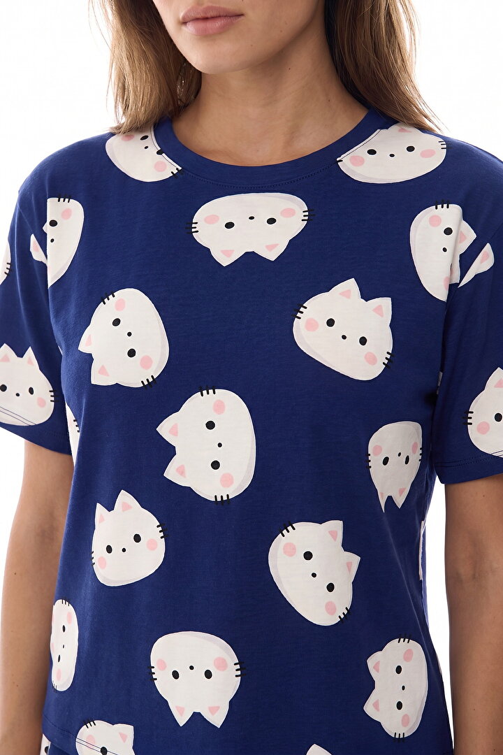 Navy Happy Cats Shorts Pajama Set - 2