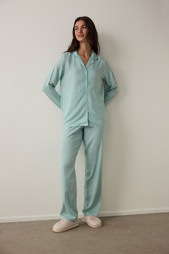 Mint Sleep-In Yıldız Desenli Gömlek Yaka Uzun Kollu Pijama Takımı - 1