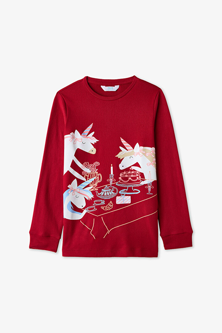 Kırmızı Kız Çocuk Table Unicorn Desenli Uzun Kollu Pijama Takımı - 1
