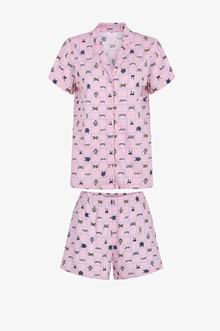 Pembe Cute Bows Gömlek Şortlu Pijama Takımı - 1