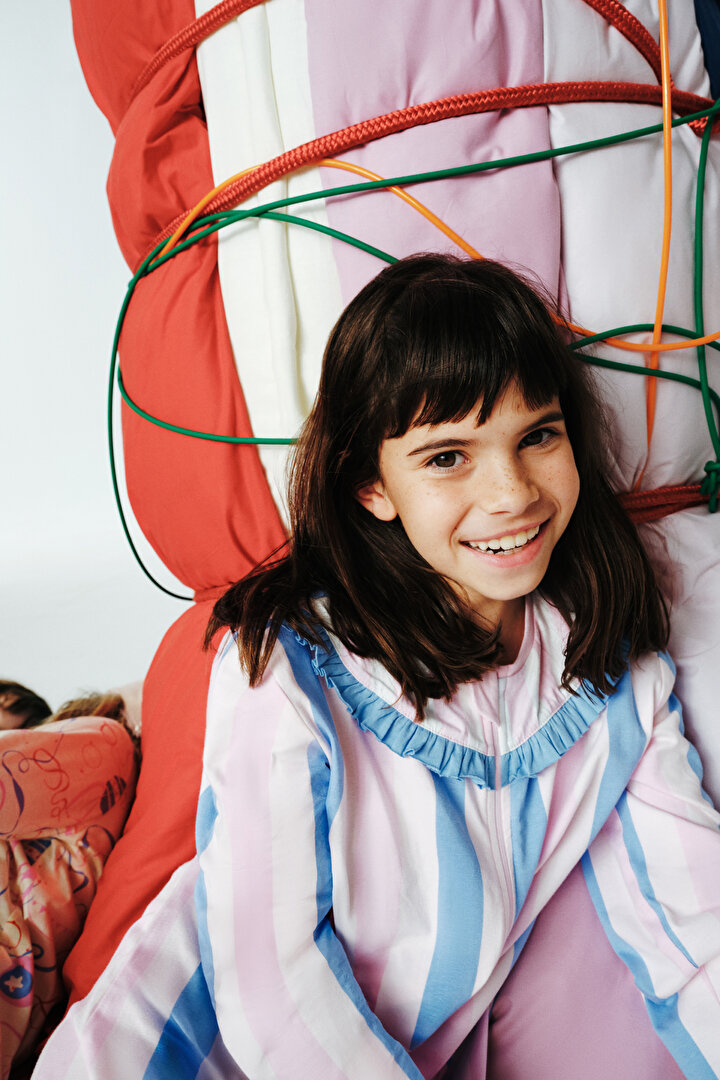 Light Pink Girls Striped Zippered Pajama Jumpsuit - 2