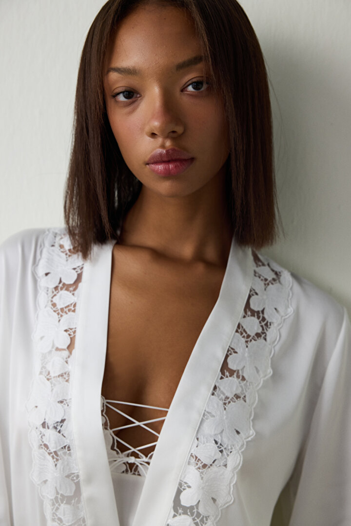 Kırık Beyaz Bridal Dantelli Gelin Sabahlık - 2