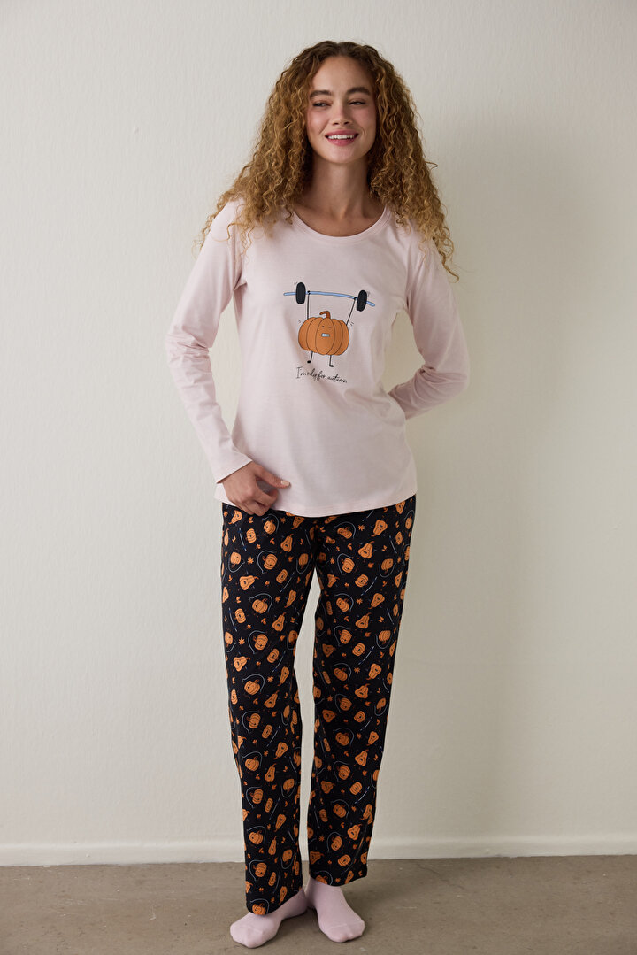 Pumpkin Patterned Crew Neck Long Sleeve Pajama Set - 1