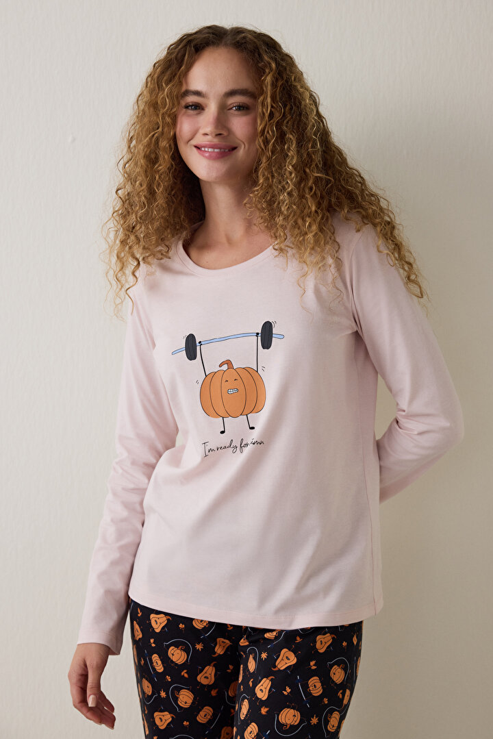 Pumpkin Patterned Crew Neck Long Sleeve Pajama Set - 2