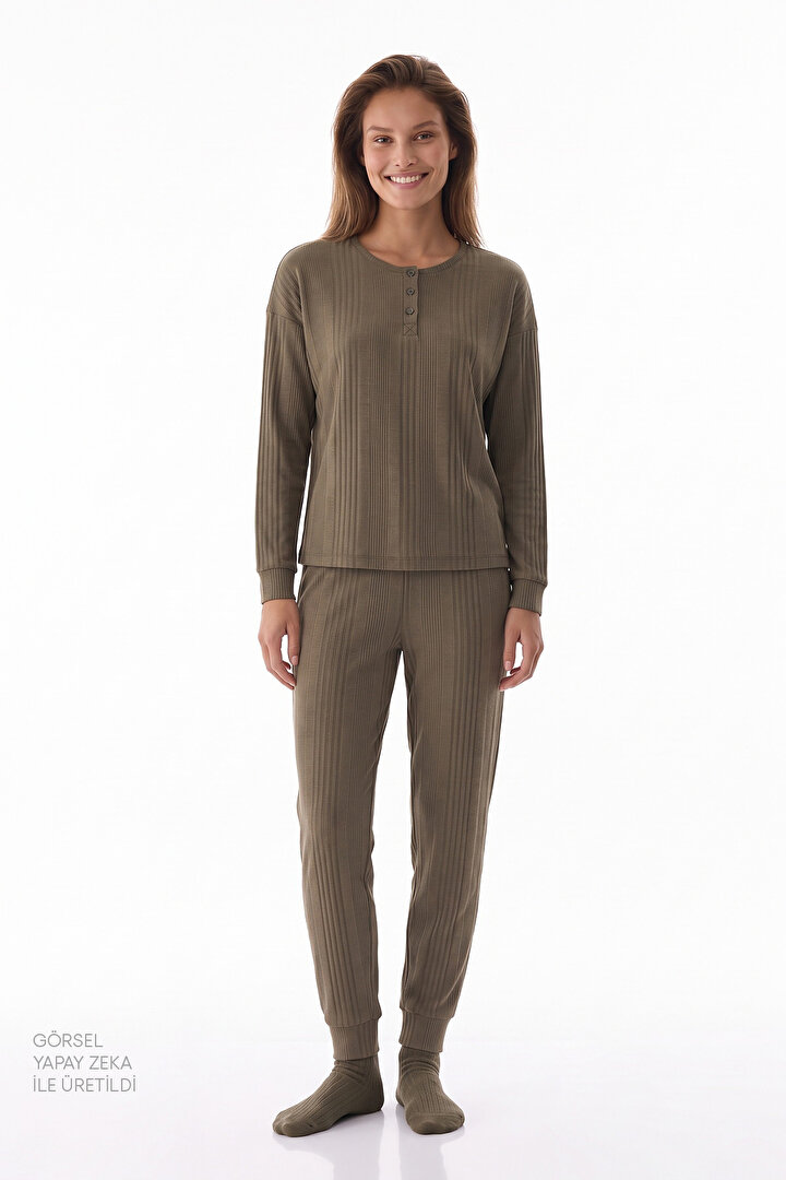 Haki Marina Fitilli Uzun Kollu Pantolon Pijama Takımı - 1