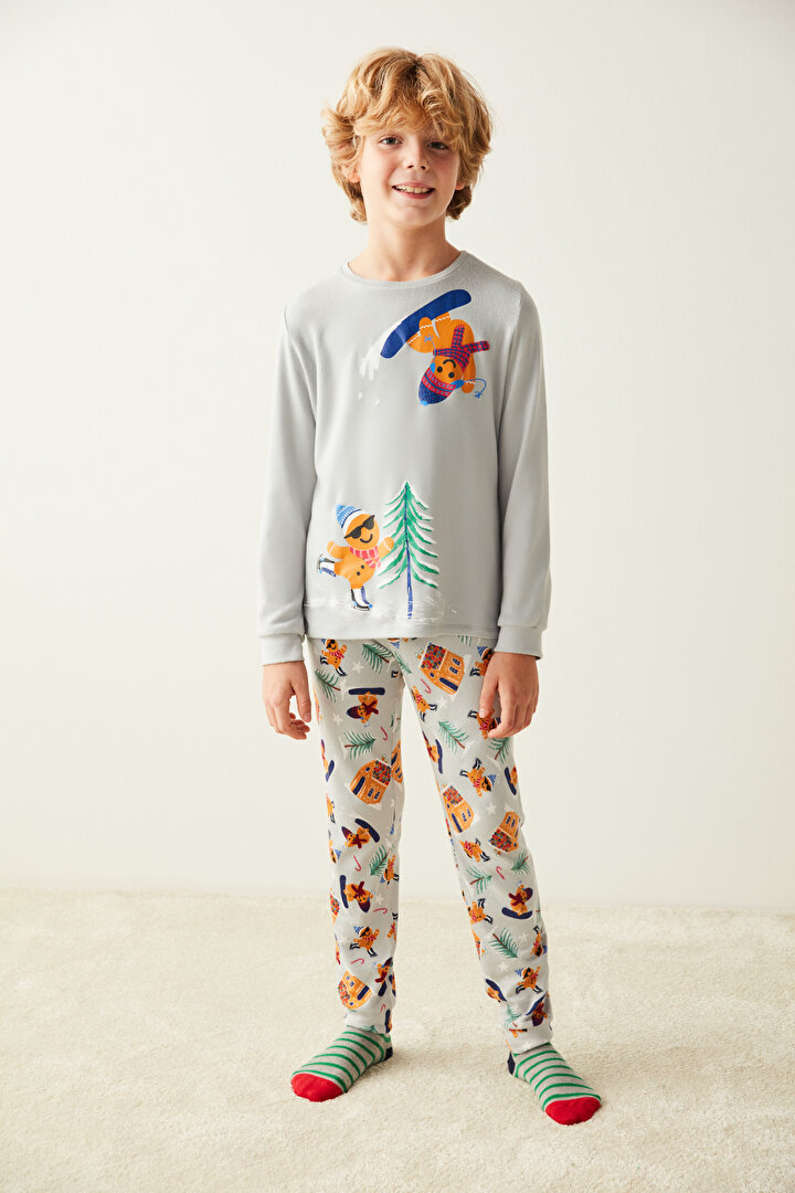 Gri Erkek Çocuk Kurabiye Baskılı Termal Pijama Takımı - 2