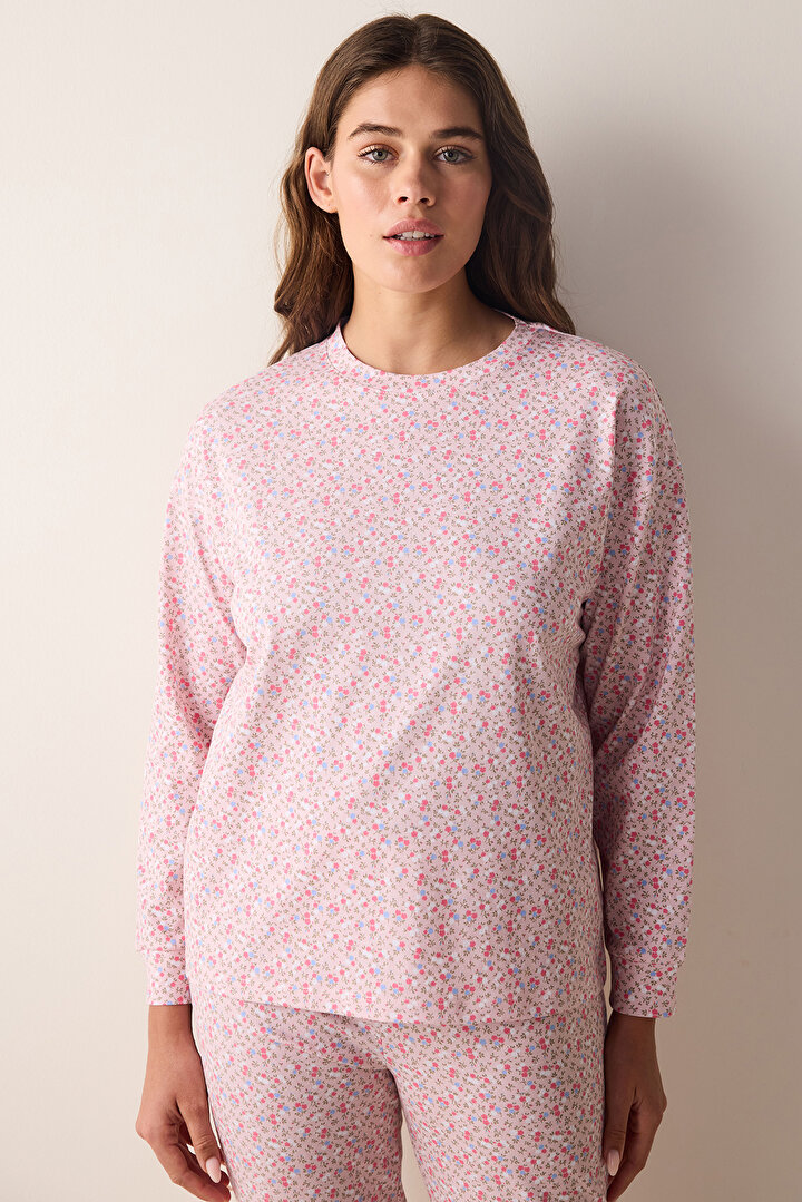 Cute Floral Pembe Pantolon Pijama Takımı - 1