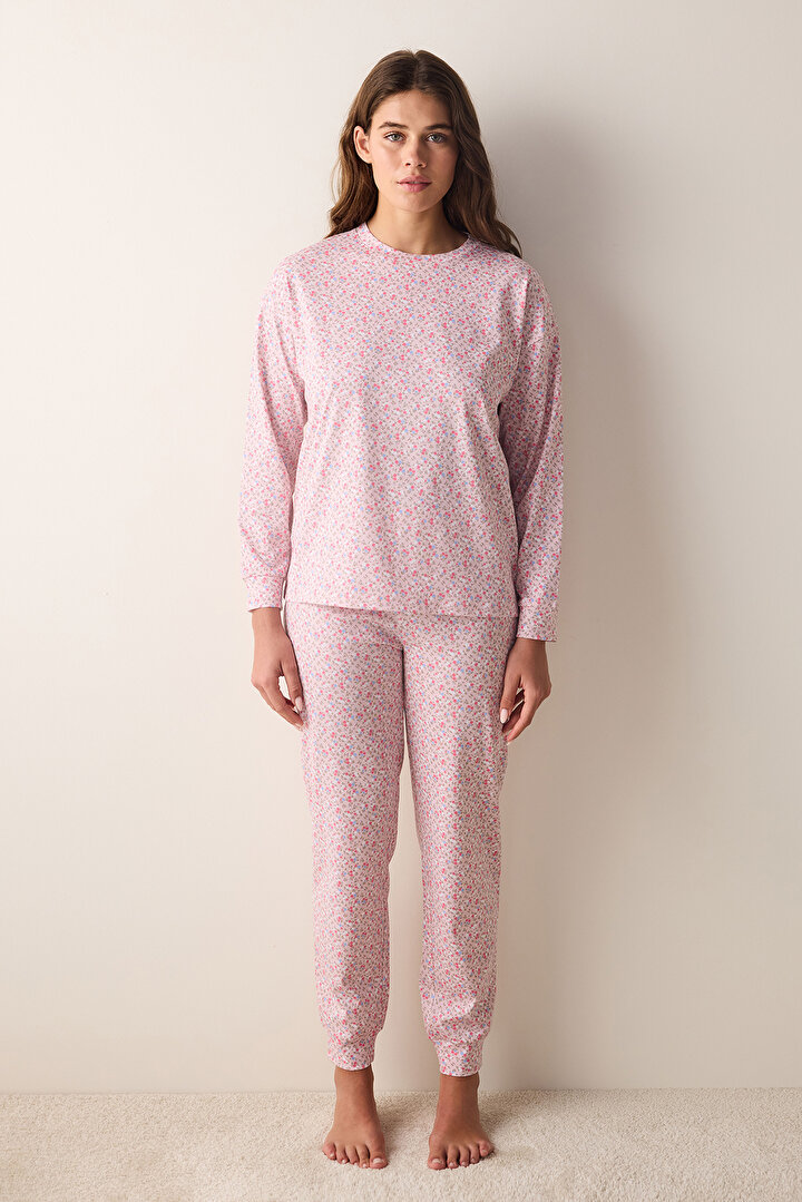 Cute Floral Pembe Pantolon Pijama Takımı - 2