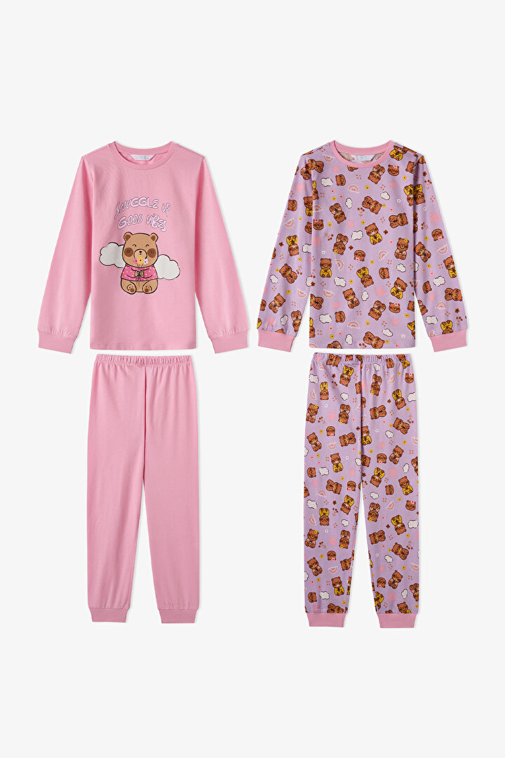 Girls' Pink Friendly Capy Long Sleeve 2 Pack Pyjama Set - 1