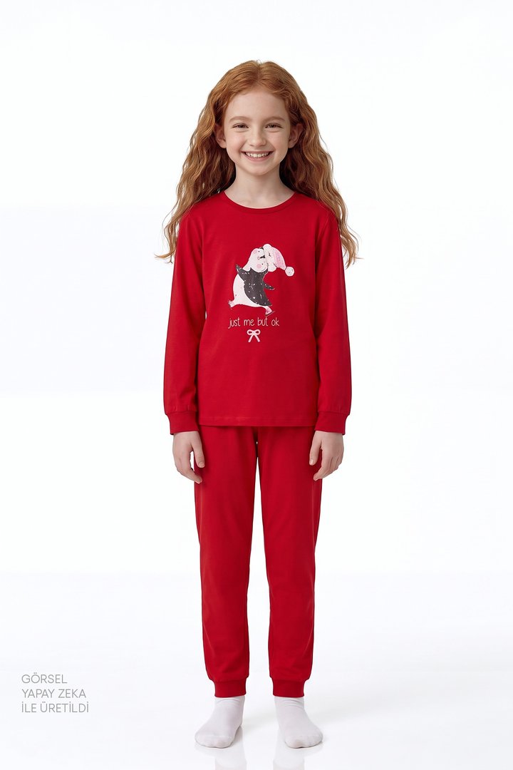 Kız Çocuk Cute Penguin Pamuklu Uzun Kollu 2'li Pijama Takımı - 1