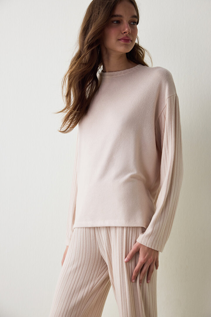 Bej Melanj Coziness Bisiklet Yaka Uzun Kollu Pijama Takımı - 1