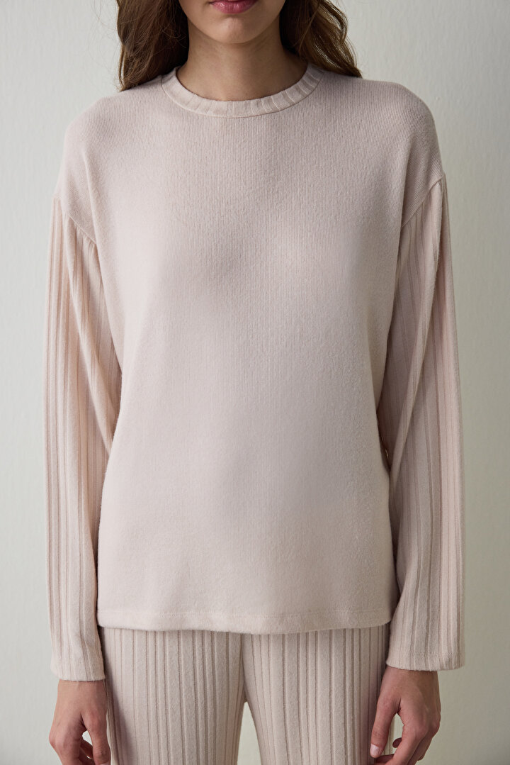 Bej Melanj Coziness Bisiklet Yaka Uzun Kollu Pijama Takımı - 2