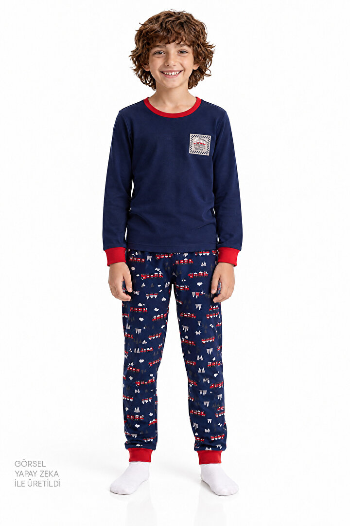 Erkek Çocuk Lacivert Follow The Train Pamuklu Uzun Kollu Pijama Takımı - 1