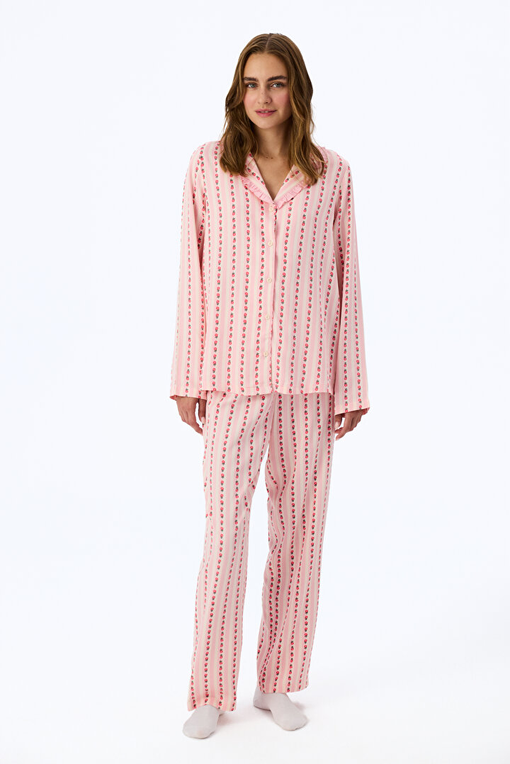 Light Pink Chloe Floral Frilled Long Sleeve Shirt & Trouser Pyjama Set - 1