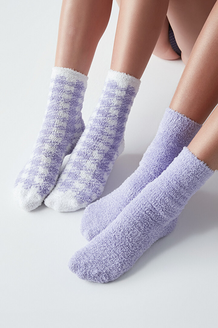 Purple Gingham 2li Soket Çorap - 1