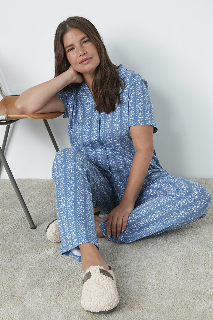 Mama Blue Flowers Gömlek Pantolon Pijama Takımı - 1