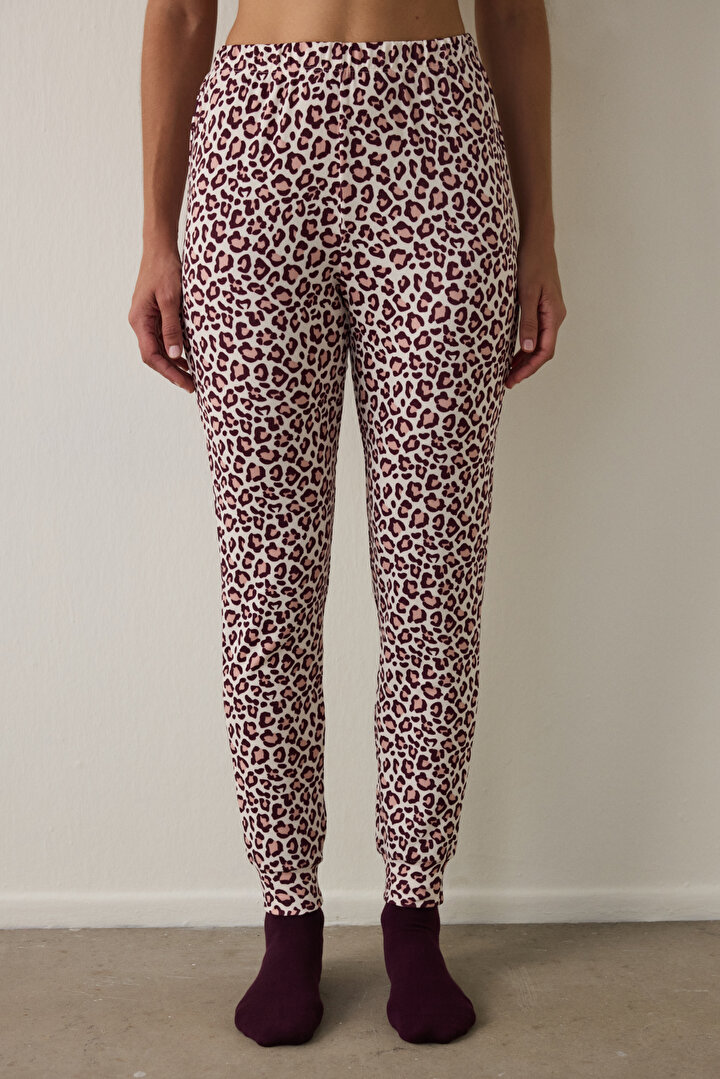 Bordo Leopar Desenli Pijama Altı - 1