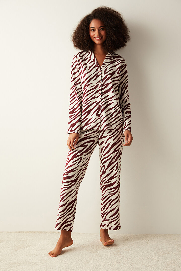 Zebra Baskılı Uzun Kollu Bordo Gömlek Pijama Set - 2