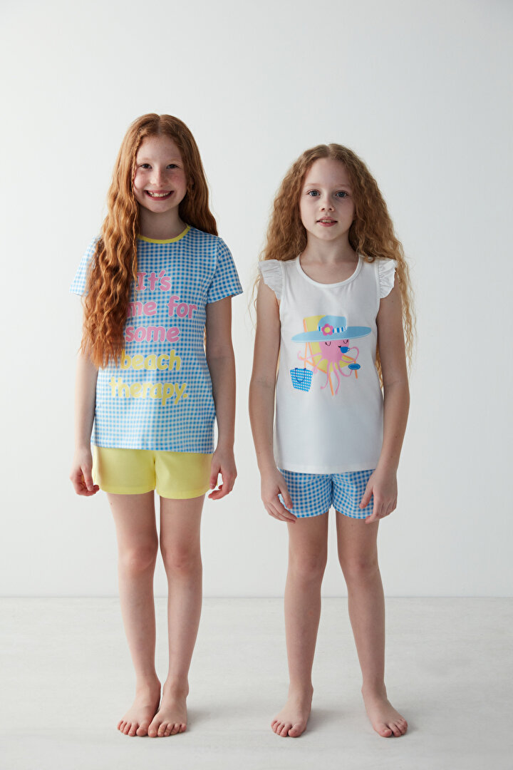 Girl's Octopus Printed Checkered Double Pajama Set - 2