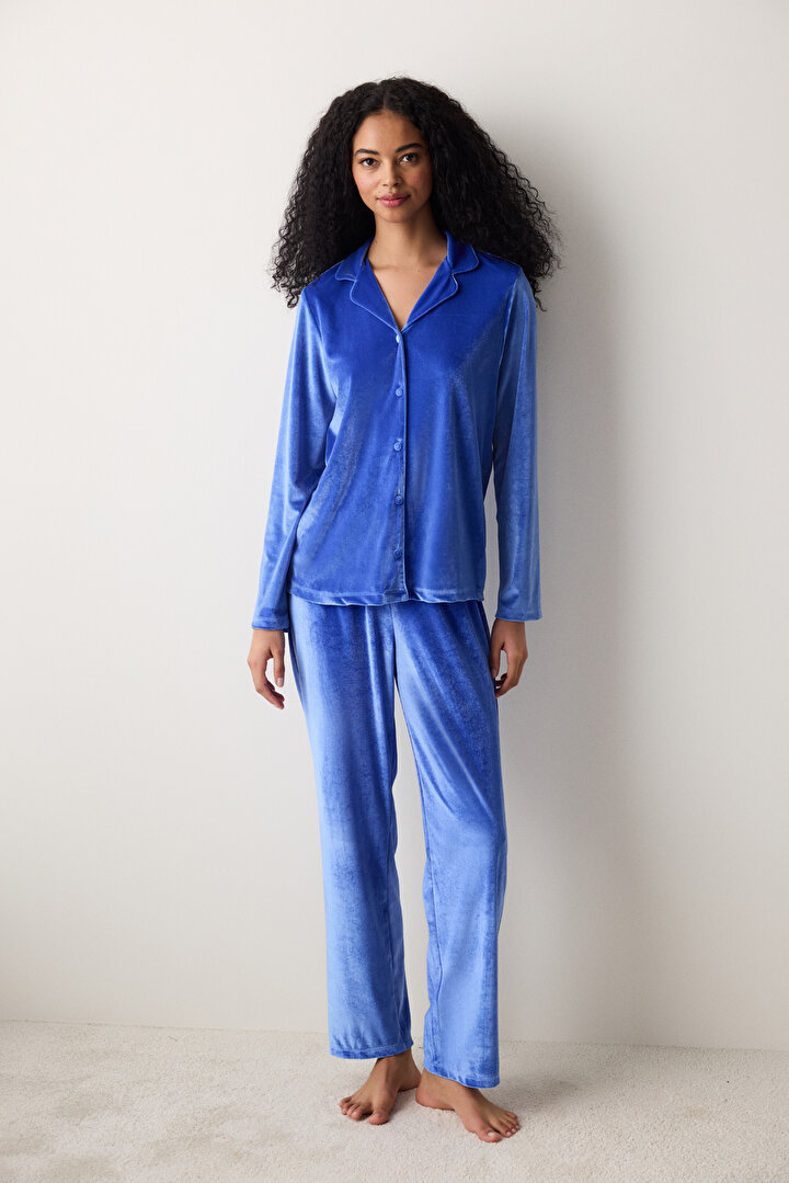 Blue Velvet Blue Shirt Pant PJ Set - 1