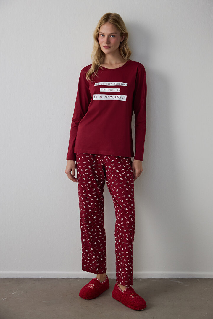 Bordo It's Saturday Pantolon Pijama Takımı - 1