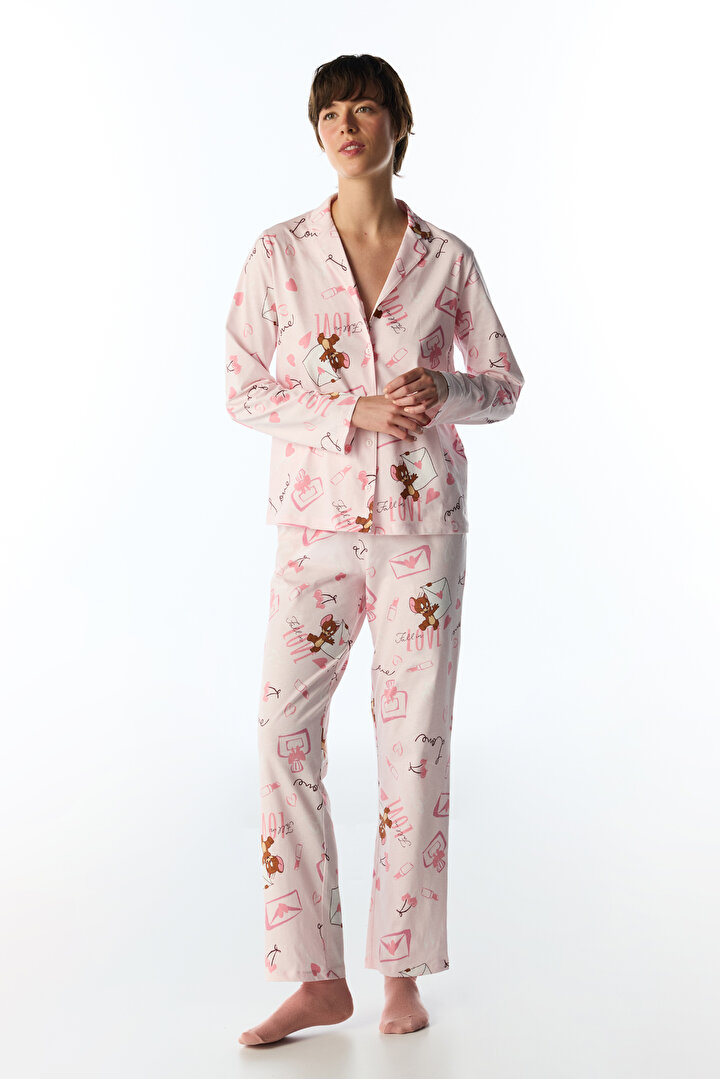 Lila Looney Tunes Happiness Ayı Desenli Uzun Kollu Gömlek Pantolon Pijama Takımı - 2