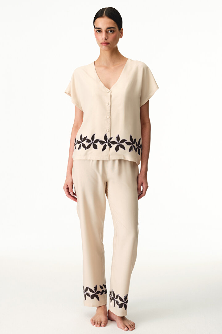 Pastel Beige Petal Shirt & Pants Pajama Set - 1